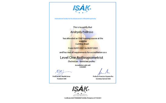 Certificação Internacional em Cineantropometria - Andryely Pedroso